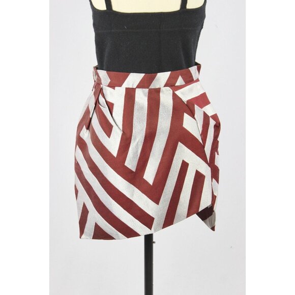 VIVIENNE WESTWOOD Maroon Silver Striped Jacquard Asymmetrical Mini Skirt, Size 6 - Picture 4 of 16